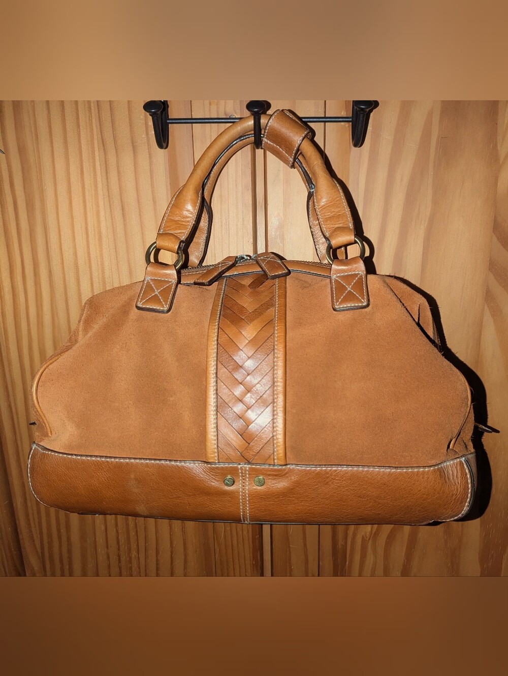 Cole Haan Cognac Brown Suede With Leather Woven Accent Duffle Bag - Picture 5 of 14
